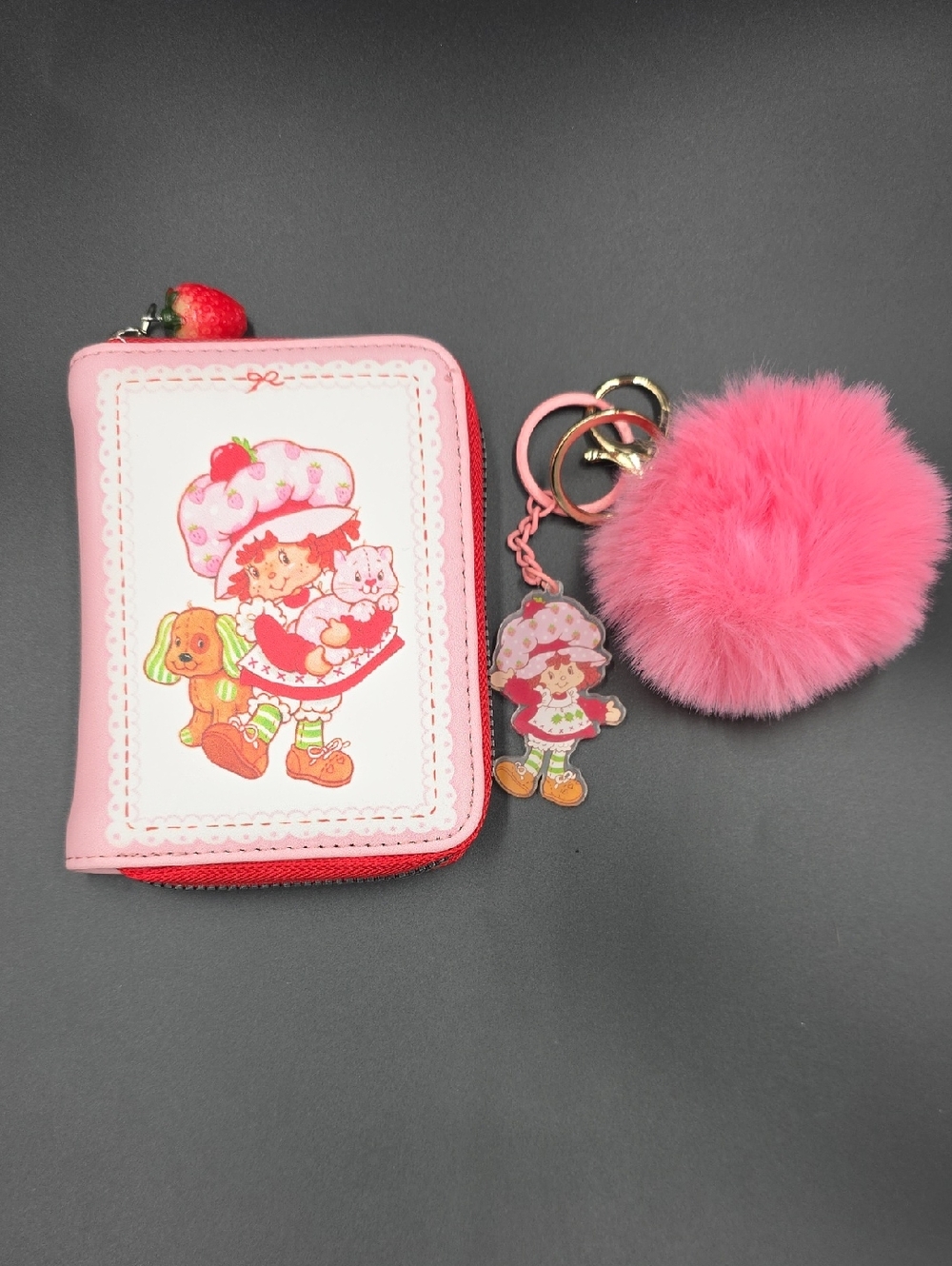 ROMWE Pink Strawberry Character Wallet with Pom Keychain